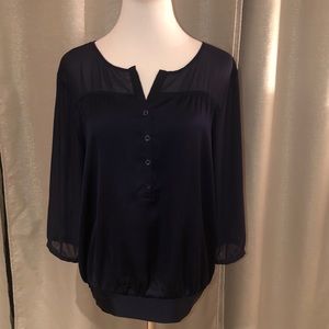 Gorgeous navy top, sheer sleeves